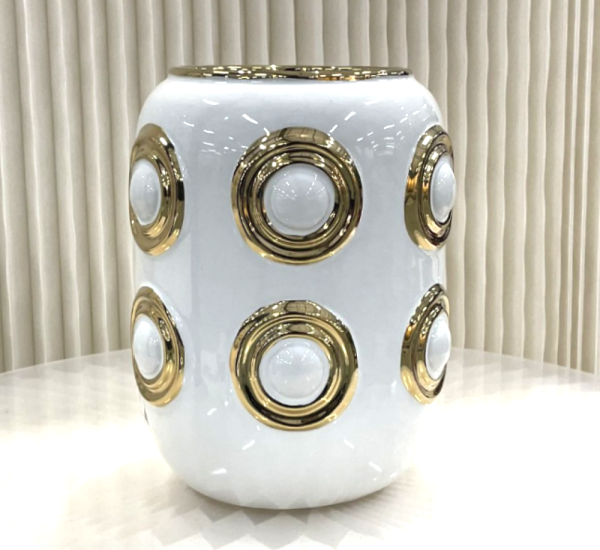 Tisch Vase Weiß Goldene Kreise Keramik 23 cm