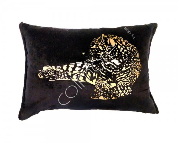 Kissen Schwarz Gold Samt Tiger 50x35 cm Rechteckig Modern