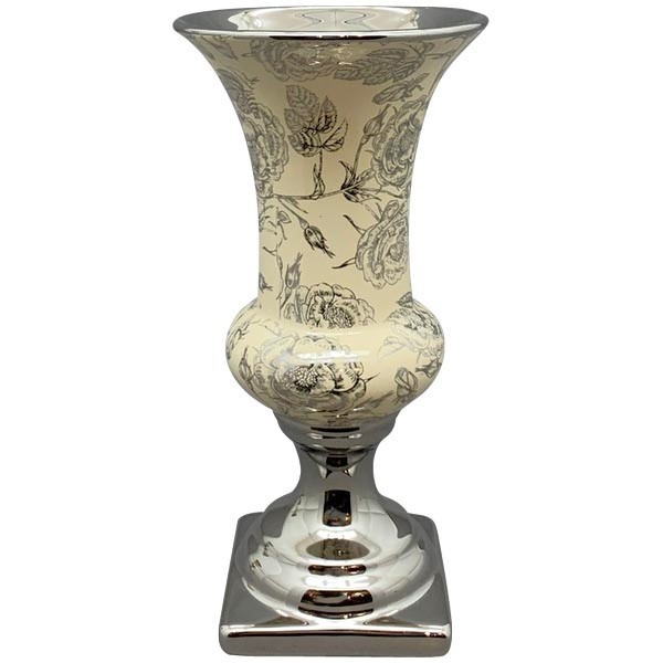Vase Pokal Silber Beige Rosenmuster Keramik 25 cm