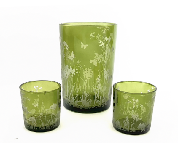 Windlicht Grün Blumen 3er Set Glas 18 cm