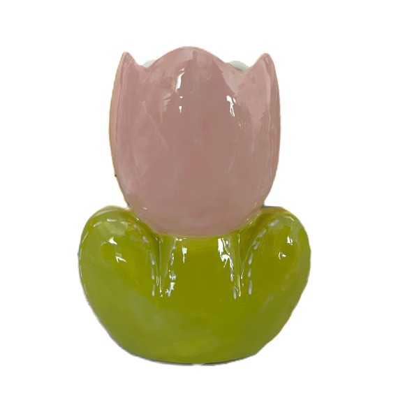 Vase Frühling Tischvase Tulpe Rosa Grün Keramik 21 cm