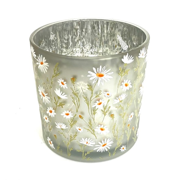 Windlicht Blumen Gänseblümchen Silber Weiß Glas 15 cm