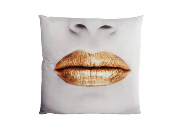 Kissen Deko Zier Kussmund Lips Gold Beige Samt 45x45 cm