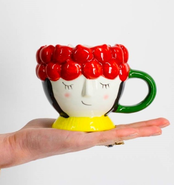 Deko Übertopf Tasse 2er Set Frauengesicht Keramik Bunt 9 cm