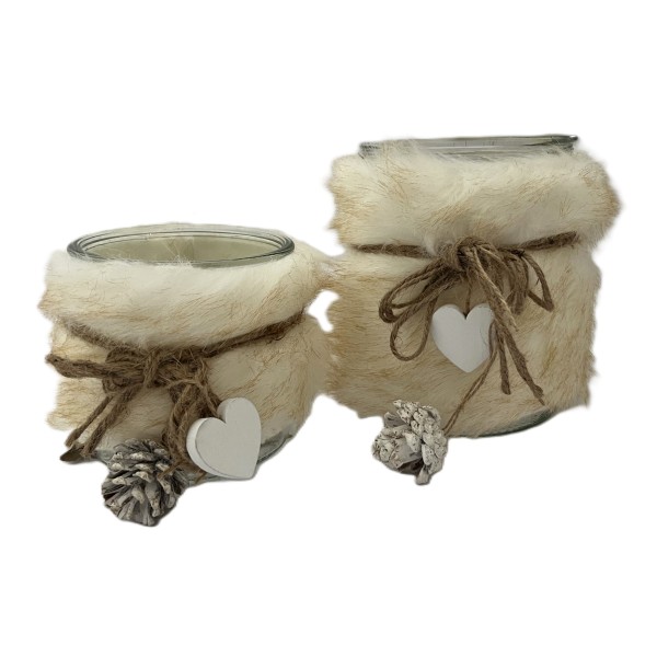Windlicht Fell Herzen 2er Set Weihnachten 17 cm