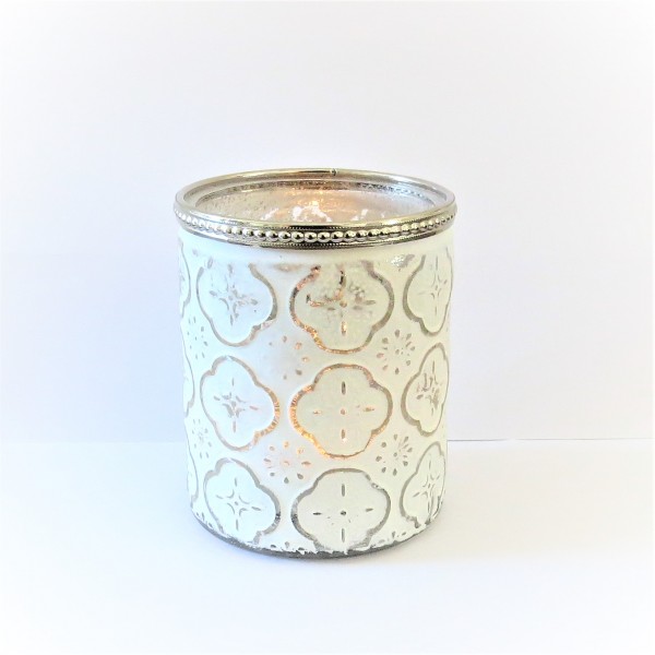 Windlicht Teelicht Glas Weiß Silber Ornament Shabby Antik 12 cm