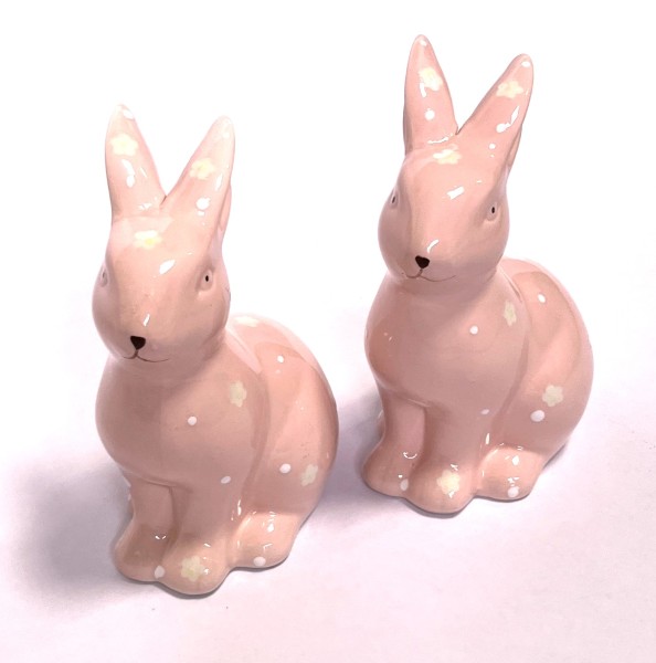 Hase Keramik 2er Set Rosa Blumen 15 cm