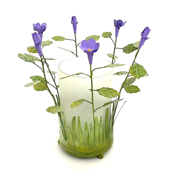 Windlicht mit Blüten Lila Grün Glas Metall 25 cm