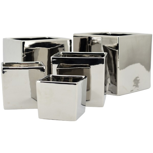 3er Set Übertopf Quadratisch Chromoptik Silber Modern Klein 9x9