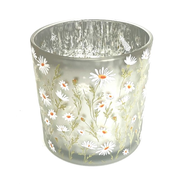 Windlicht Blumen Gänseblümchen Silber Weiß Glas 15 cm