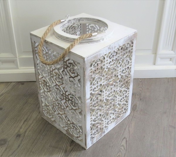 Laterne Windlicht Weiß Holz Jute Deko 30 cm