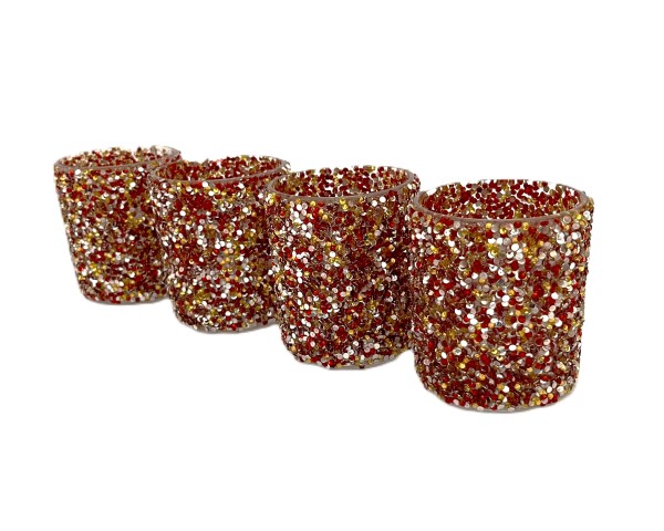 Teelichthalter 4er Set Glitzer Rot Gold Silber Glas 9 cm