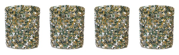 Teelichthalter 4er Set Glitzer Grün Silber Gold Glas 9 cm