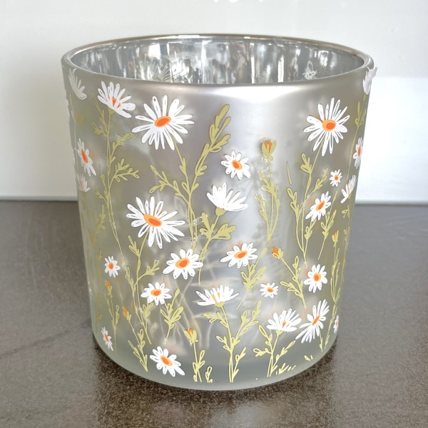 Windlicht Blumen Gänseblümchen Silber Weiß Glas 15 cm