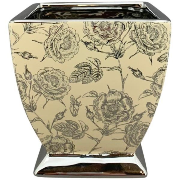 Übertopf Silber Beige Rosenmuster Keramik Rose Argent 16 cm