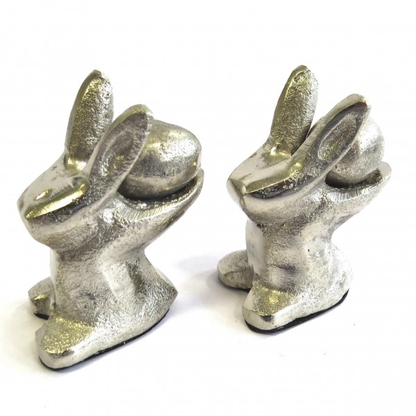 Deko Hase 2er Set mit losem Ei Ostern Metall Silber Modern Tischdeko Colmore 8 cm