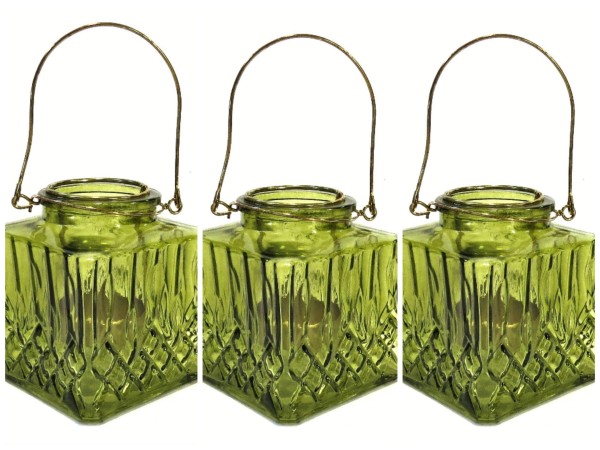 3er Set Teelicht Hängewindlicht Grün Glas Quadrat Retro Stil 11 cm