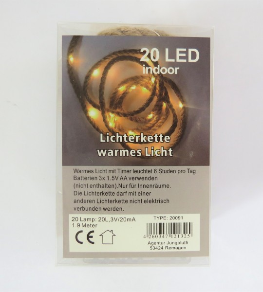 Lichterkette an Jutestrick warmes Licht Taulichterkette mit Timer Indoor 1.9 Meter