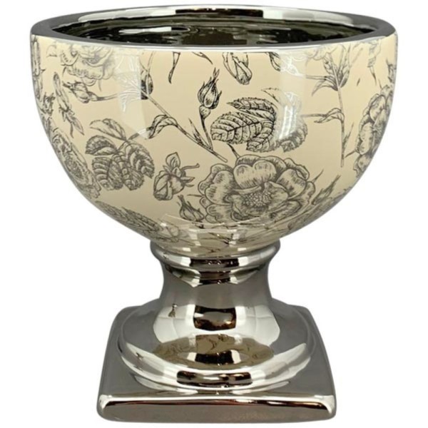Übertopf Pokal Rund auf Fuß Beige Silber 13 cm