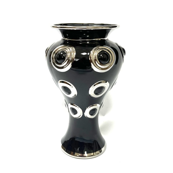 Vase Schwarz Silber Kreise Pokal Keramik 36 cm