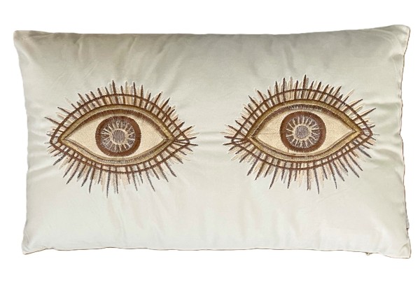Kissen Weiß Elfenbeinfarben Samt Augenmotiv Länglich 50 cm