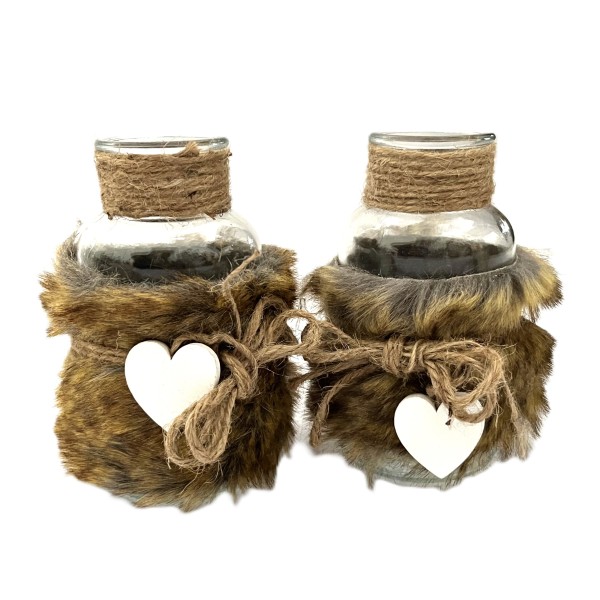 Tischvase mit Fellbesatz 2er Set Braun 17 cm