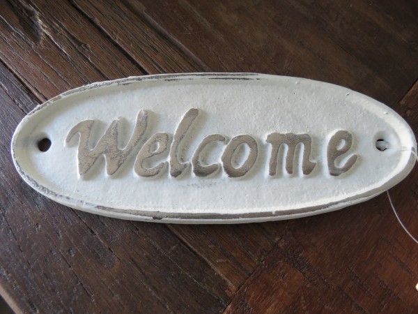 Türschild Eingangsschild Welcome Gusseisen weiß Shabby 16 x 6 cm