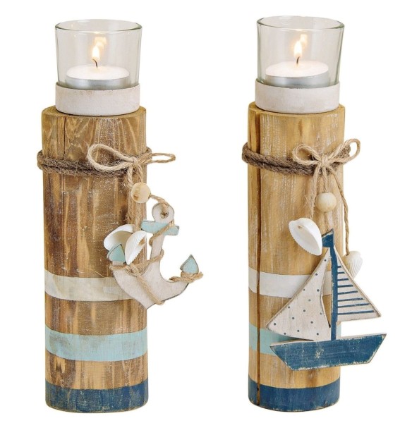 Teelichthalter Maritim 2er Set Buhnen Holz Glas Sommer 20 cm