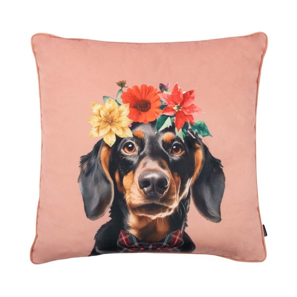 Kissen Dackel Rosa mit Blumen Samt 45 cm