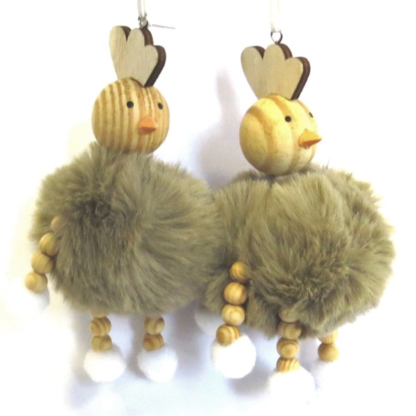 Deko Küken Huhn Ostern Hänger Fell Plüsch Holz 2er Set Braun 16 cm