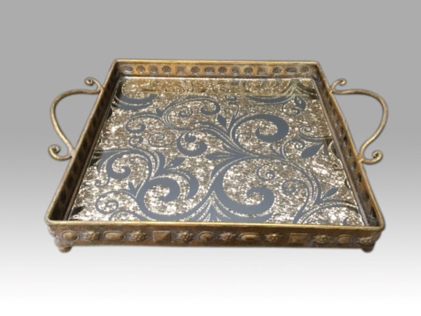 Deko Tablett Antik Gold Orientalisch Metall Glas 50 cm