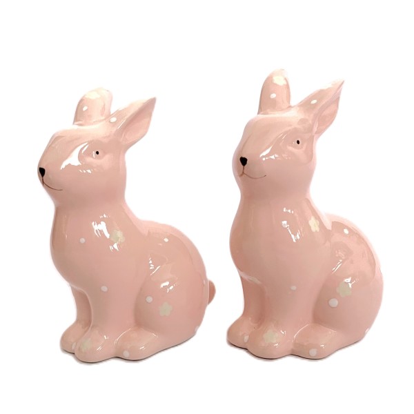 Hase Keramik 2er Set Rosa Blumen Ostern Tischdeko 15 cm