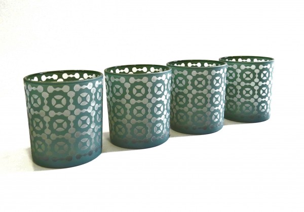 Teelicht 4er Set Grün Muster Colmore Tisch Glas Retro Deko 7 x 8 cm