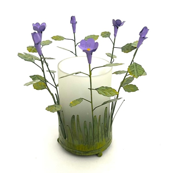 Windlicht mit Blüten Lila Grün Glas Metall 25 cm