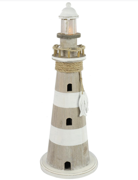Leuchtturm mit Licht Holz Maritim Weiß Natur 50 cm