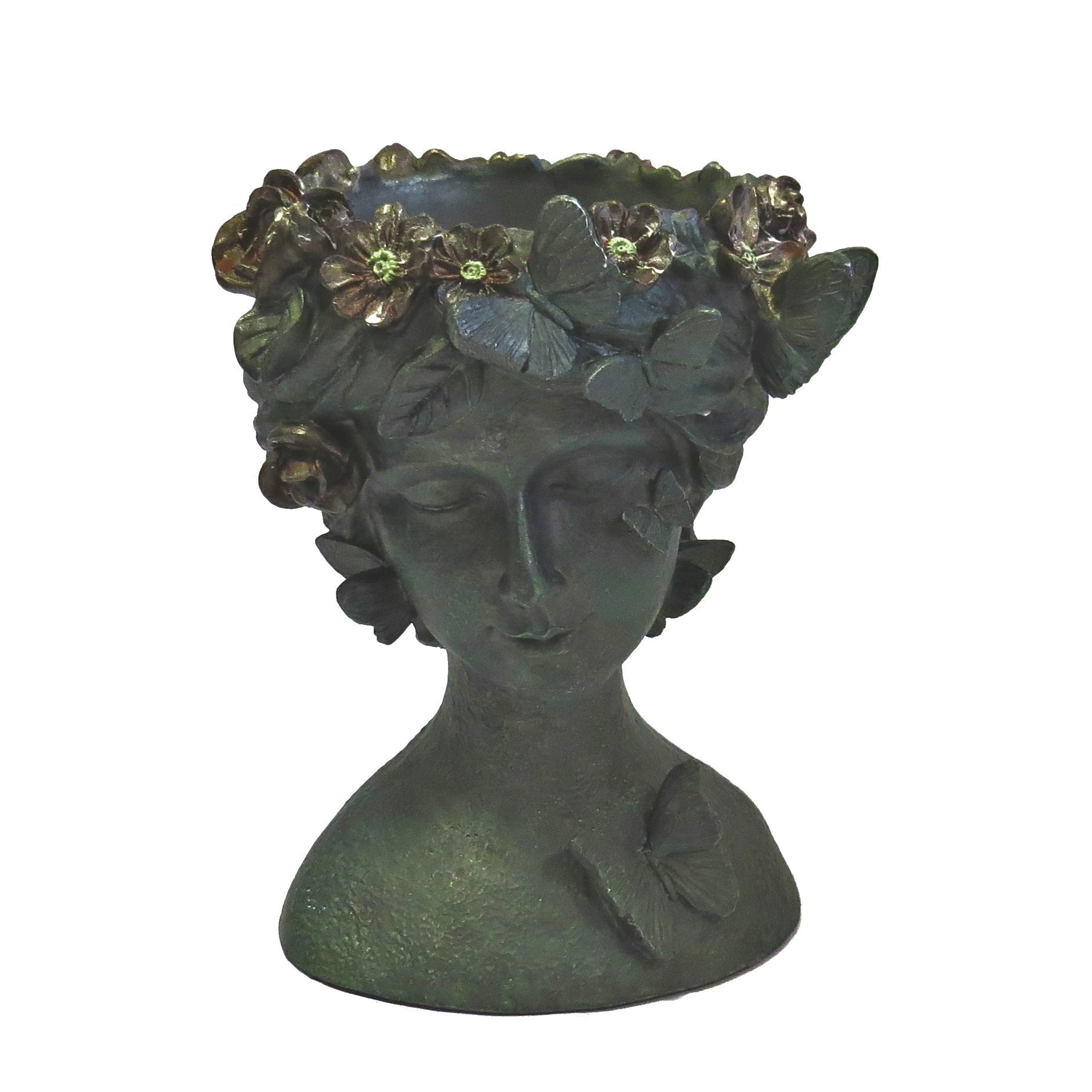 Übertopf Blumen Antik Skulptur Deko Frauenkopf GrünGrau 23 cm