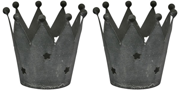 Teelichthalter Deko Krone 2er Set Grau Sterne Metall Klein 11 cm